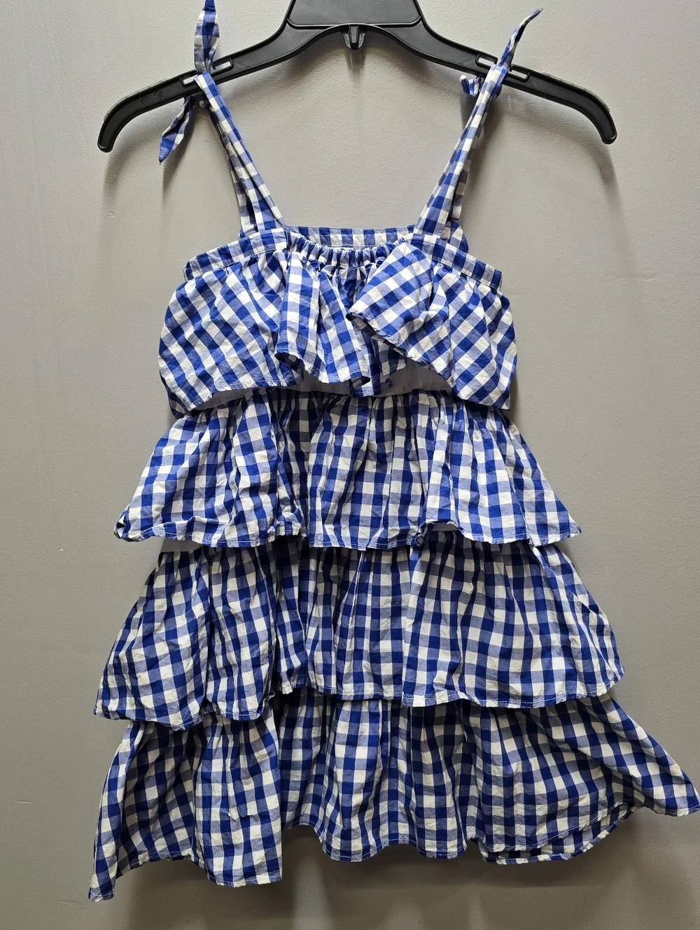 Crewcuts Kids Girls Size 7 Gingham Blue Plaid Tiered Tank Dress Cottagecore